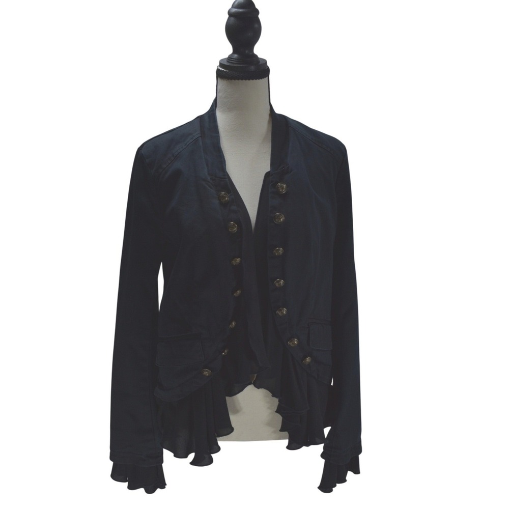 Free People Military Ruffle Jacket Navy Blue Black Brass Button Chiffon Hem S